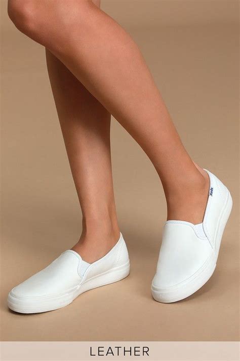 Double Decker White Leather Slip-On Sneakers | White slip on shoes ...