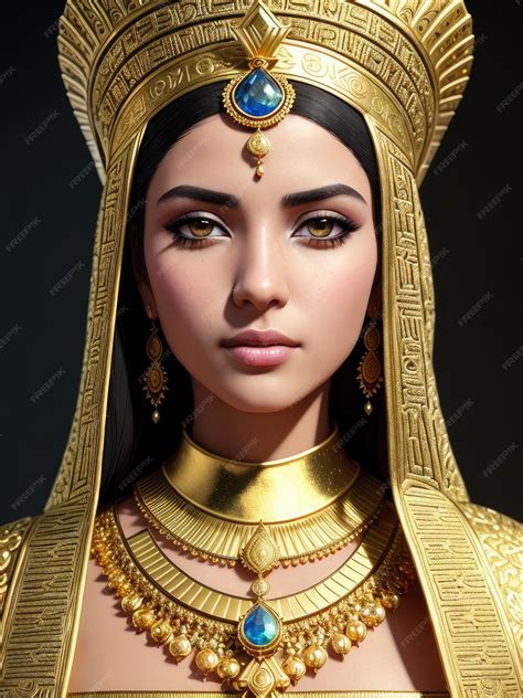 Premium AI Image | A woman in a gold outfit with a blue stone on her head.