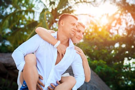 Happy Romantic Couple in Love Hug on Beach at Summer Day Stock Photo - Image of female, life ...