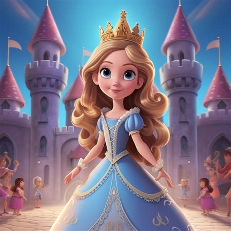 the princess is standing in front of her castle with other children and adults behind her