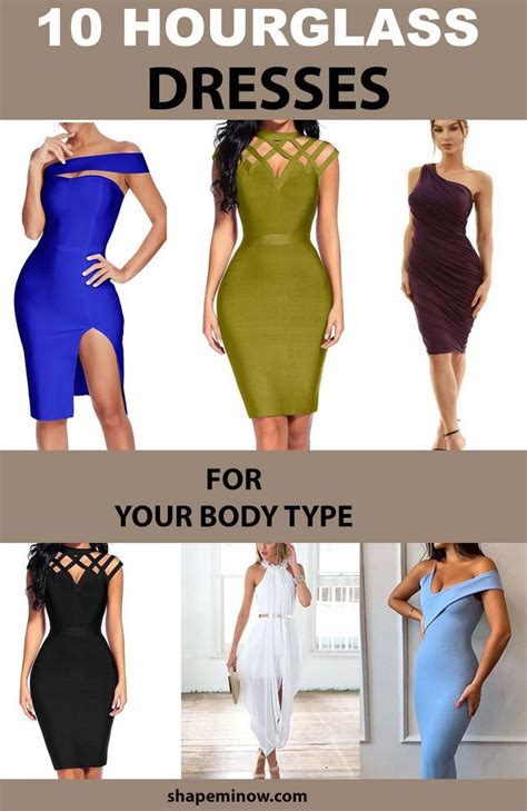 the top 10 hourglass dresses for your body type is shown in four different colors