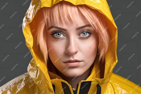 Premium AI Image | Portrait of a beautiful young woman in a yellow raincoat