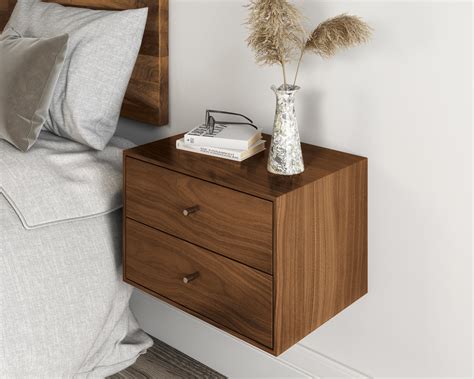 Solid Walnut Wood Floating Nightstand With Drawer Walnut Wood Hanging Bedside Table Scandinavian ...