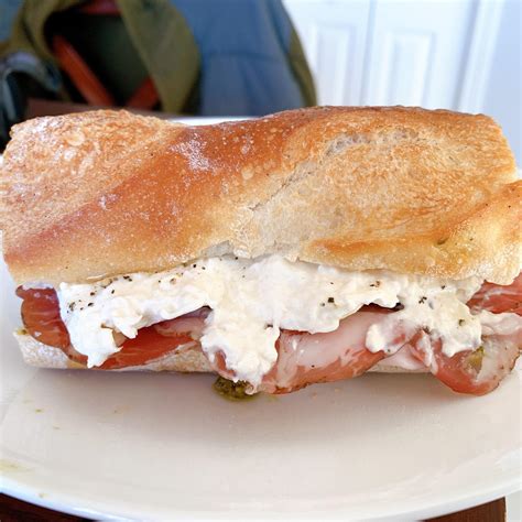 The best sandwich I’ve ever made. Truffle burrata, truffle pesto, coppa, sopressa, ham salt ...