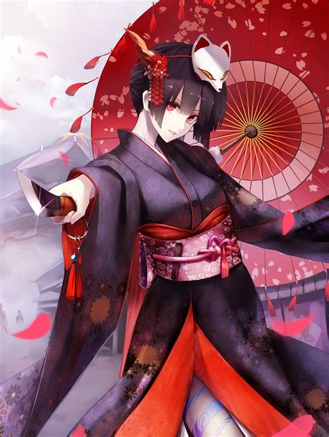 Wallpaper : anime girls, short hair, black hair, red eyes, Japanese clothes, kimono, comics ...