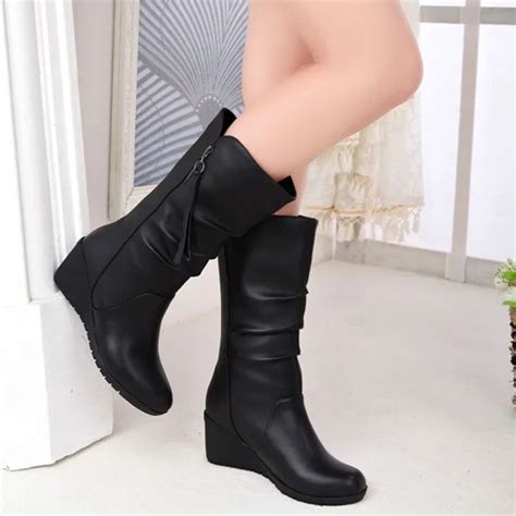 Womens Black Leather Mid Calf Boots