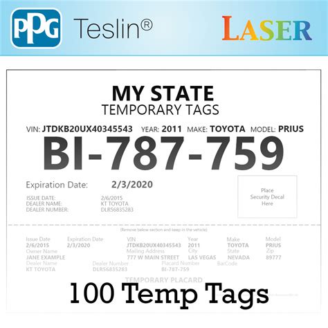 Nevada License Plate Temp Tags for Dealers - 10 Mil Teslin Synthetic ...