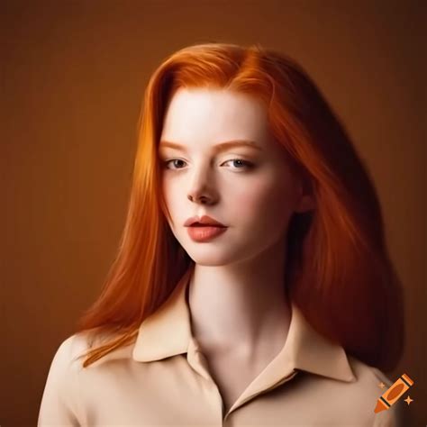 Preppy redhead lady in beige polo shirt in luxurious room on Craiyon