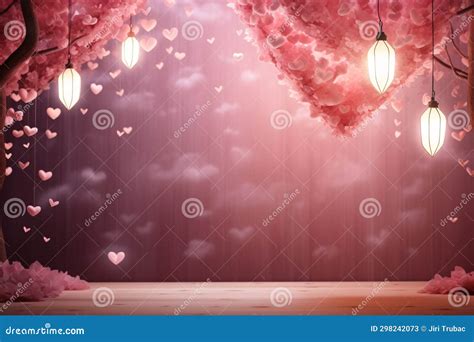 Trees with Falling Pink Heart-shaped Leaves. Hanging Lamps Illuminate the Romantic Environment ...