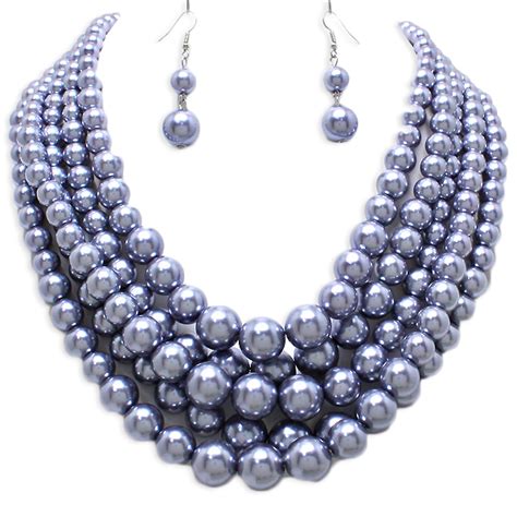 Pearl Necklace Set - Janie Silver Grey Faux Pearl Necklace Set | Oz Bling