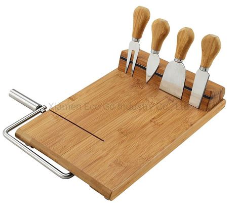 Bamboo Wooden Cheese Cutting Board with Stainless Steel Wire Cheese Slicer - China Cheese Board ...