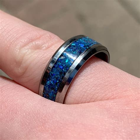 Sale!! mens opal ring. Galaxy opal. Tungsten ring for men. meteorite opal ring. Hammered ...