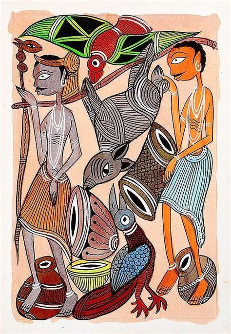 Tribal Hunters - Kalighat Painting | Tribal art drawings, Tribal art ...