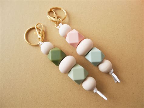 Keychain, Silicone Bead Keychain, Green and Sage, Peach and Mint - Etsy | Beaded keychains ...