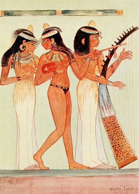 an ancient painting of three women playing musical instruments and ...