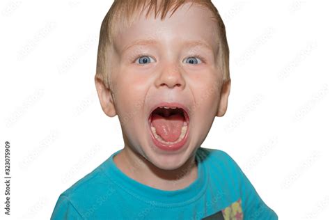 Little boy with a wide open mouth at the doctor. Isolated Stock Photo ...