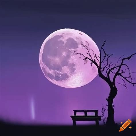 Halloween night with a red tree and a bench under a big moon on Craiyon