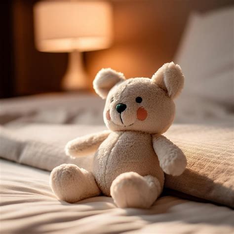 Premium AI Image | There is a teddy bear sitting on a bed with a pillow ...