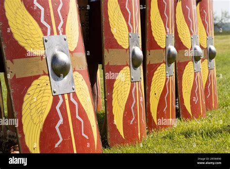 Ancient Roman legionary red shields Stock Photo - Alamy