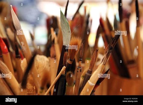 Traditional Japanese calligraphy brushes during the Japanese Calligraphy Brush Festival ...