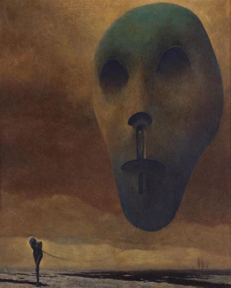 a painting of a person standing in front of an alien head with water coming out of it's mouth