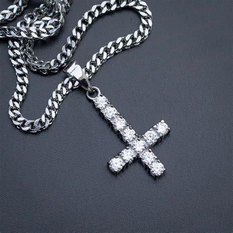 Ice Out Silver Upside Down Cross Necklace - Chains, Necklaces & Pendants