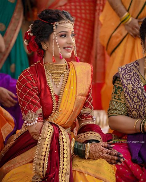 marathi bride in red and yellow saree on haldi | Indian bridal wear red, Marathi bride, Indian ...