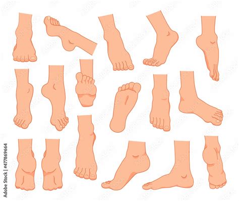 Cartoon feet. Men and women barefoot ankles and fingers. Legs positions ...