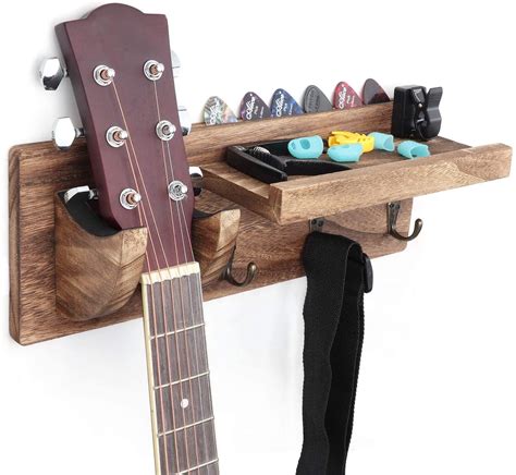 Guitar Grip with Shelf, Hooks, Pick Holder | Guitar wall hanger, Wood guitar stand, Wooden ...