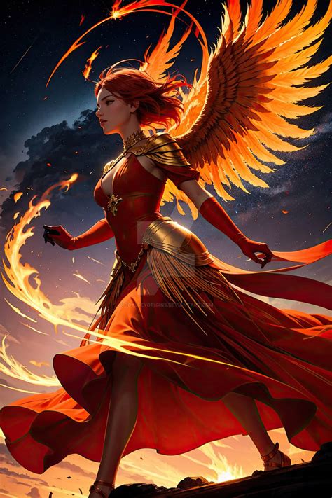 Fiery Elegance: The Phoenix Girl's Tale by OdysseyOrigins on DeviantArt