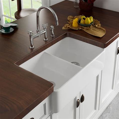 Eridanus White Ceramic 33 in. Double Bowl Farmhouse Apron Kitchen Sink with Grid and Strainer ...