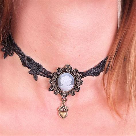 Choker Necklace Black Vintage Lace and Cameo - $8.00