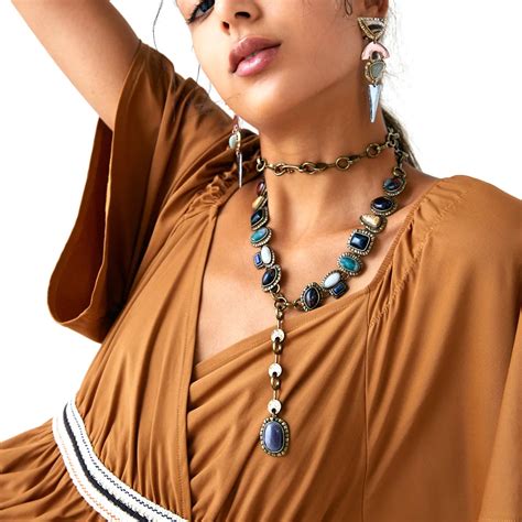 LEADERBEADS Women's Vintage Natural Stone Long Necklace Girl's Ethnic ...