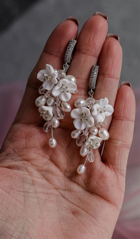 Bridal white flower branch earrings with freshwater pearls | Etsy in 2020 | Bridal earrings ...