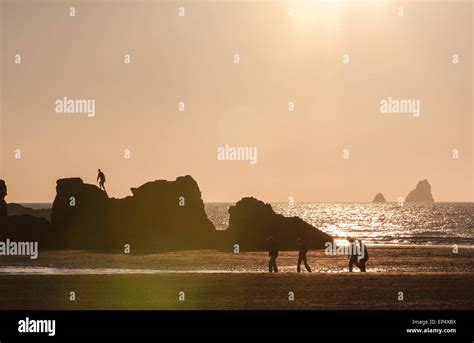 At Perran Sands beach at Perranporth, a popular seaside / surfing resort in north Cornwall ...