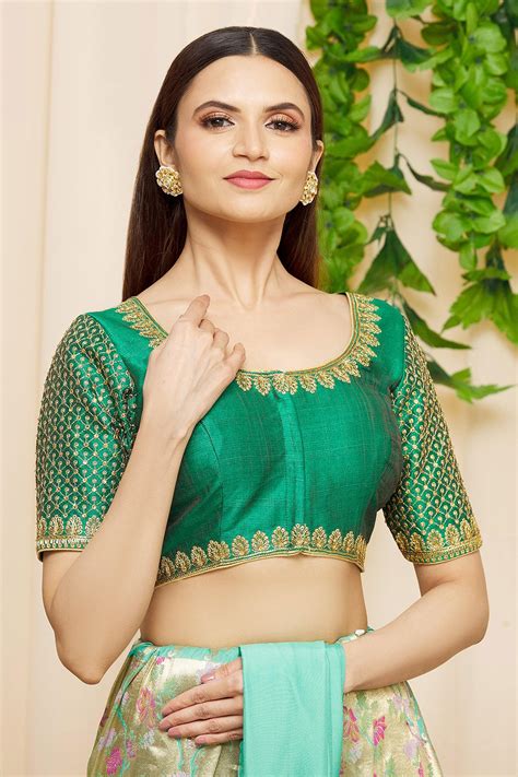 Buy Green Art Silk Embroidered Round Scoop Neck Blouse For Women by Samyukta Singhania Online at ...