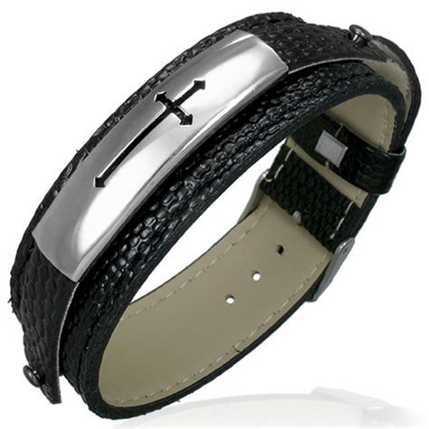 Black Leather Stainless Steel Belt Buckle Religious Cross Mens Bracelet - Walmart.com