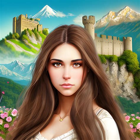 Realistic beautiful woman with long brown hair with flowers and ... - Arthub.ai