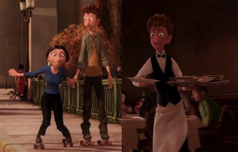 In Ratatouille, there's a quick scene where Linguini teaches Colette how to roller-skate ...