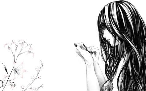 art, Sawasawa, Girl, Nails, Flowers, Lilies, Drawing, Monochrome, Flowers, Black, White, Anime ...