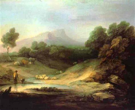 a painting of sheep in a hilly landscape with a man and dog by the water