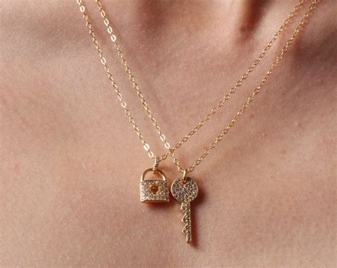 Set of 2 Gold lock and key necklaces - pave stud cz gold lock & key pendants - gold jewelry ...