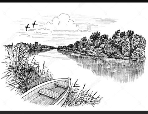 an ink drawing of a boat on the river with trees and birds in the background