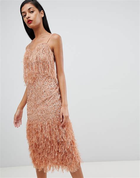 ASOS Faux Feather Trim Sequin Midi Dress in Pink | Lyst