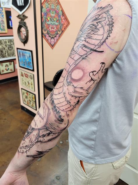 Shenron sleeve done by Bill from Flaming Chariot Tattoo : r/nerdtattoos