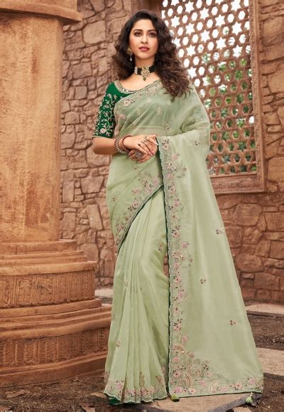 Pista green net saree with blouse 1608