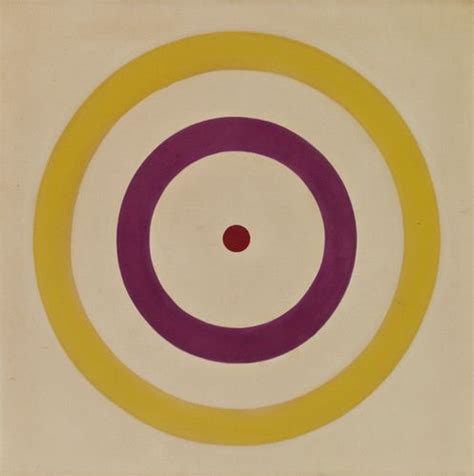 an abstract painting with yellow, purple and white circles in the center on a beige background