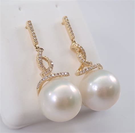 12 mm Pearl and Diamond Dangle Drop Earrings 14K Yellow Gold June Birthday Wedding