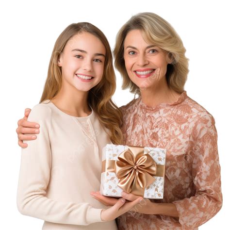Happy Family Mother And Daughter Giving Christmas Gift And Embracing, Mother Gift, Christmas ...