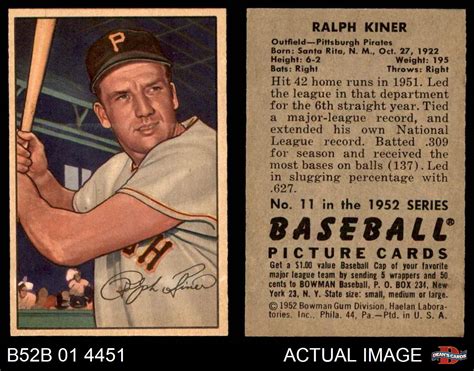 1952 Bowman #11 Ralph Kiner Pirates EX/MT | eBay